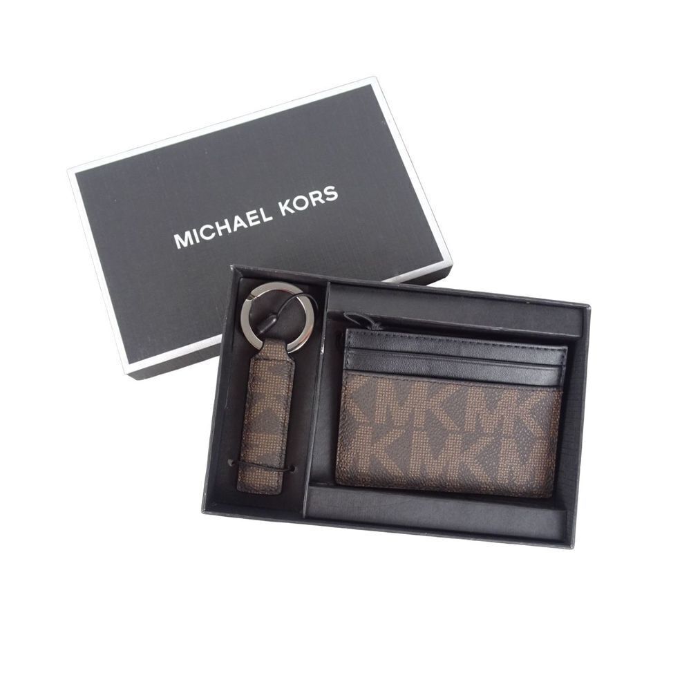 MICHAEL KORS Men's Card Case Wallet & Key Fob/Key Chain Logo MK Brown 2-PC NIB